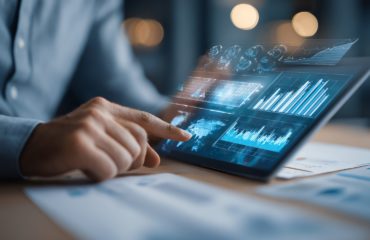 Businessman reviewing quarterly financial report with tablet and graphs AI technology concept